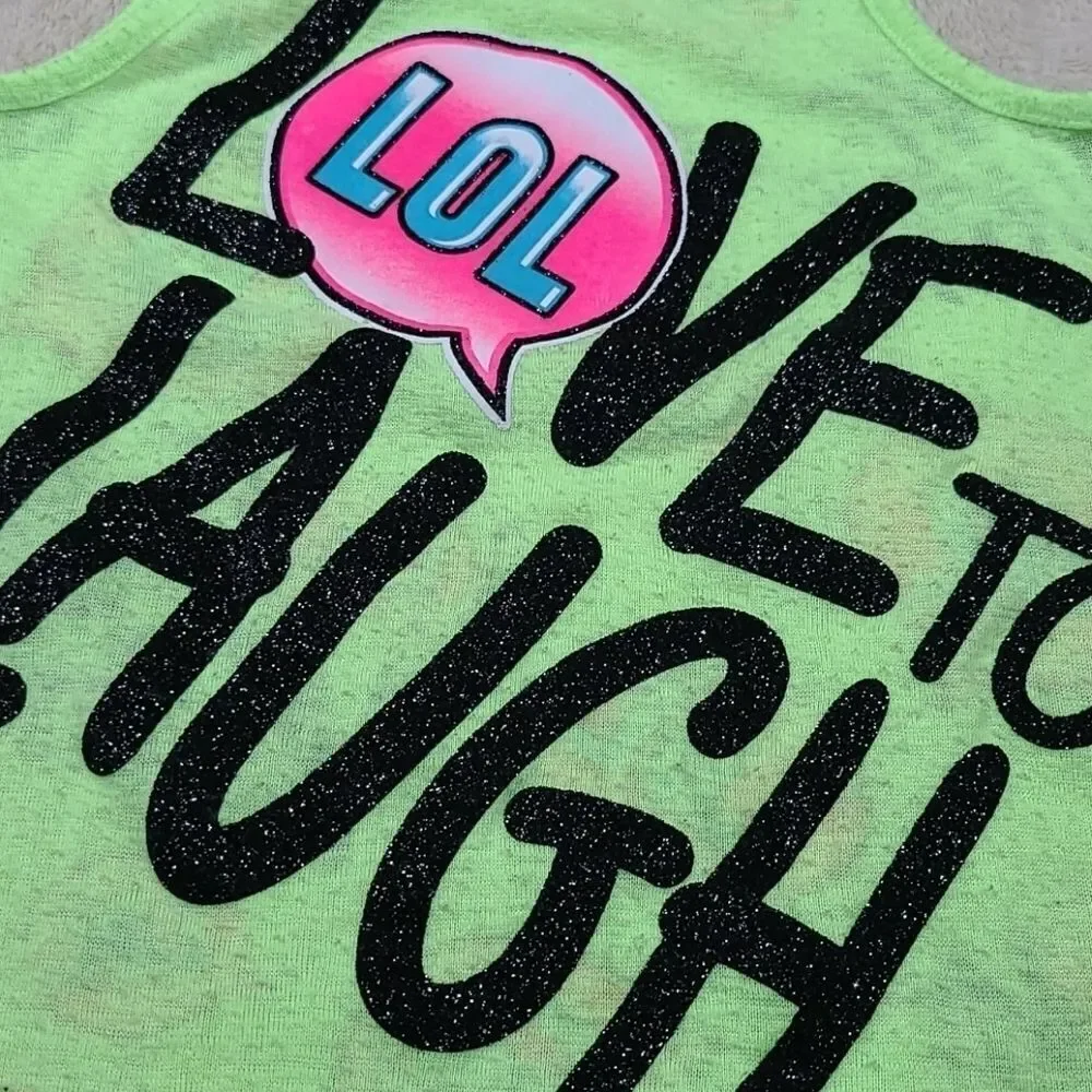 Justice Girls 12 Neon Yellow Glitter LOL Slub Knit Sleeveless TShirt Tank Top